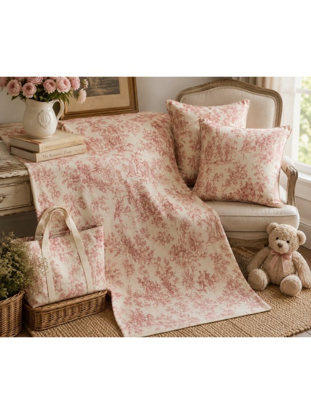 Covington Toile de Jouy Upholstery Fabric Pink Ivory 54” W x 52” L 100% Cotton